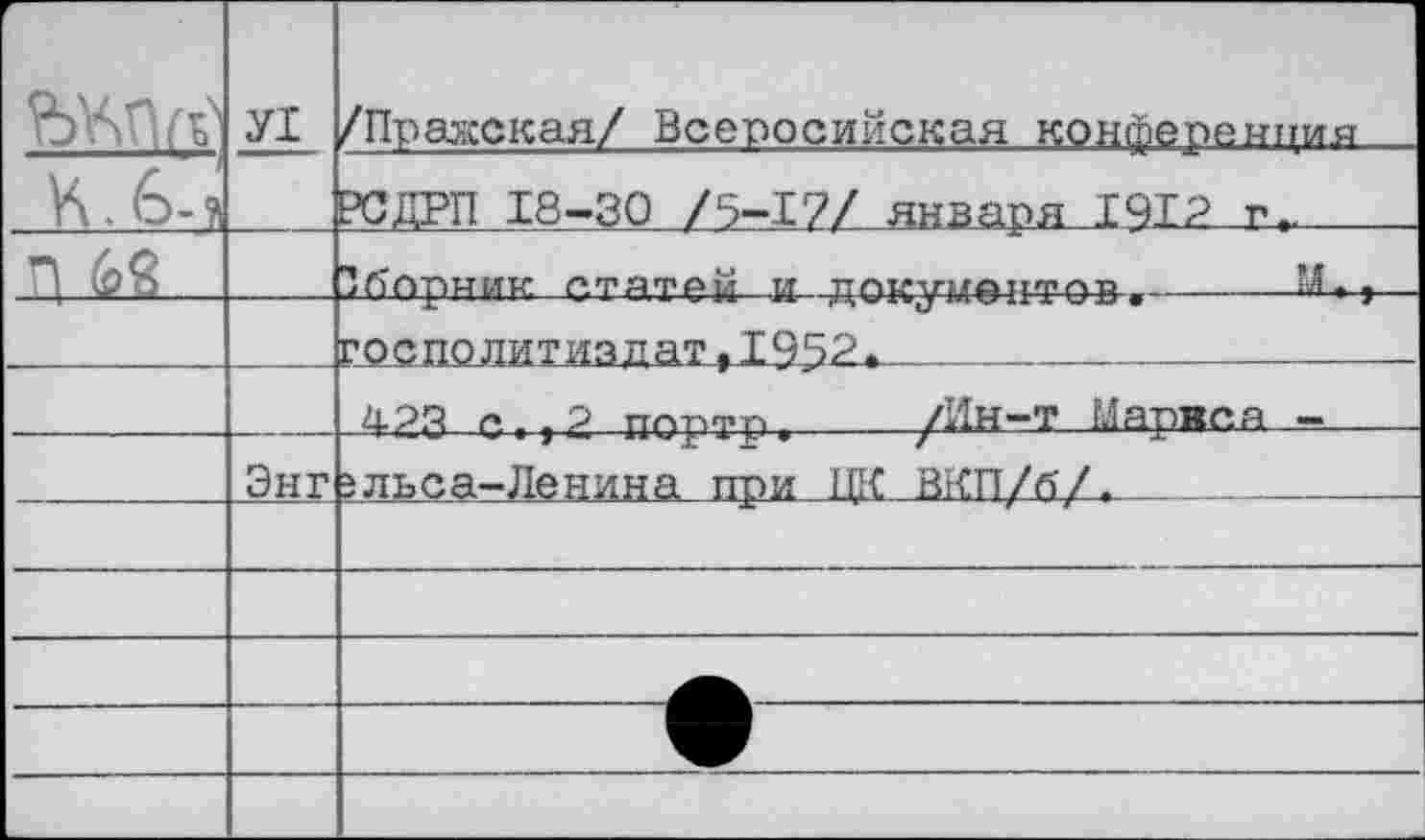 ﻿г	У1	/Пражская/ Всеросийская конйепемпия
К. 6-я		РСДРП 18-30 /5-17/ января 1912 г,.	
п №		1Г)ППИИК Р.ТЯТАЙ и ТГ ОКУМ а И ТО В 	ш-»_,	
		
		423 с,,2 погтр.	/Ин-т Маркса -
	Энг	?льса-Ленина при ЦК ВКП/б/.	
		
		
		
		
		